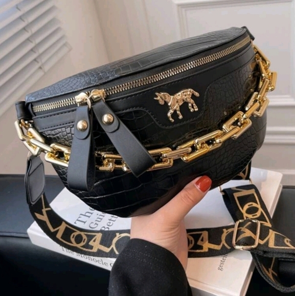 Black Croc-Embossed Belt Bag with Gold Chain Horse Accent waist chest Purse